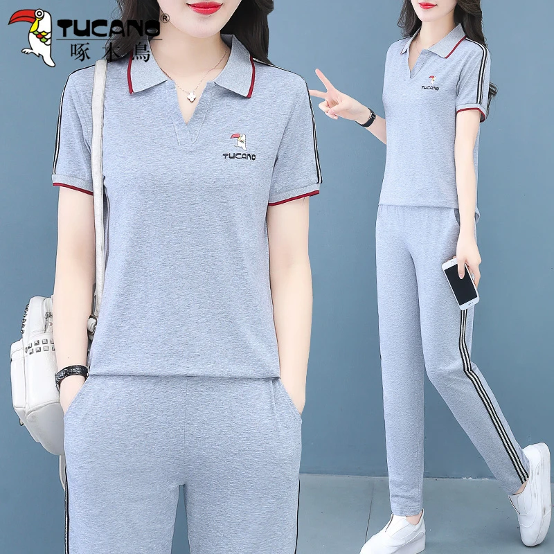【官方】啄木鸟运动服套装女夏新款四十岁中年妈妈Polo领休闲两件