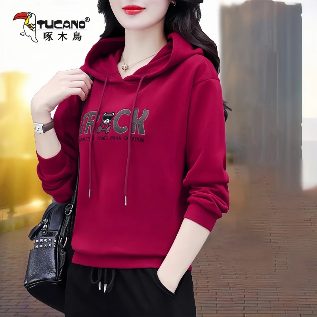 啄木鸟连帽卫衣女春秋季2024年新款宽松长袖时尚女士加绒春装上衣