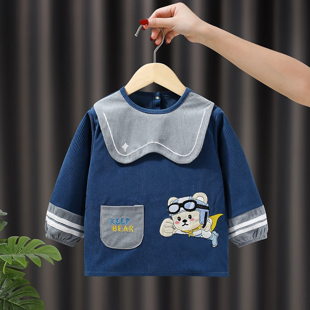 秋冬男宝宝罩衣儿童围裙防水防脏婴幼儿吃饭围兜灯芯绒护衣反穿衣