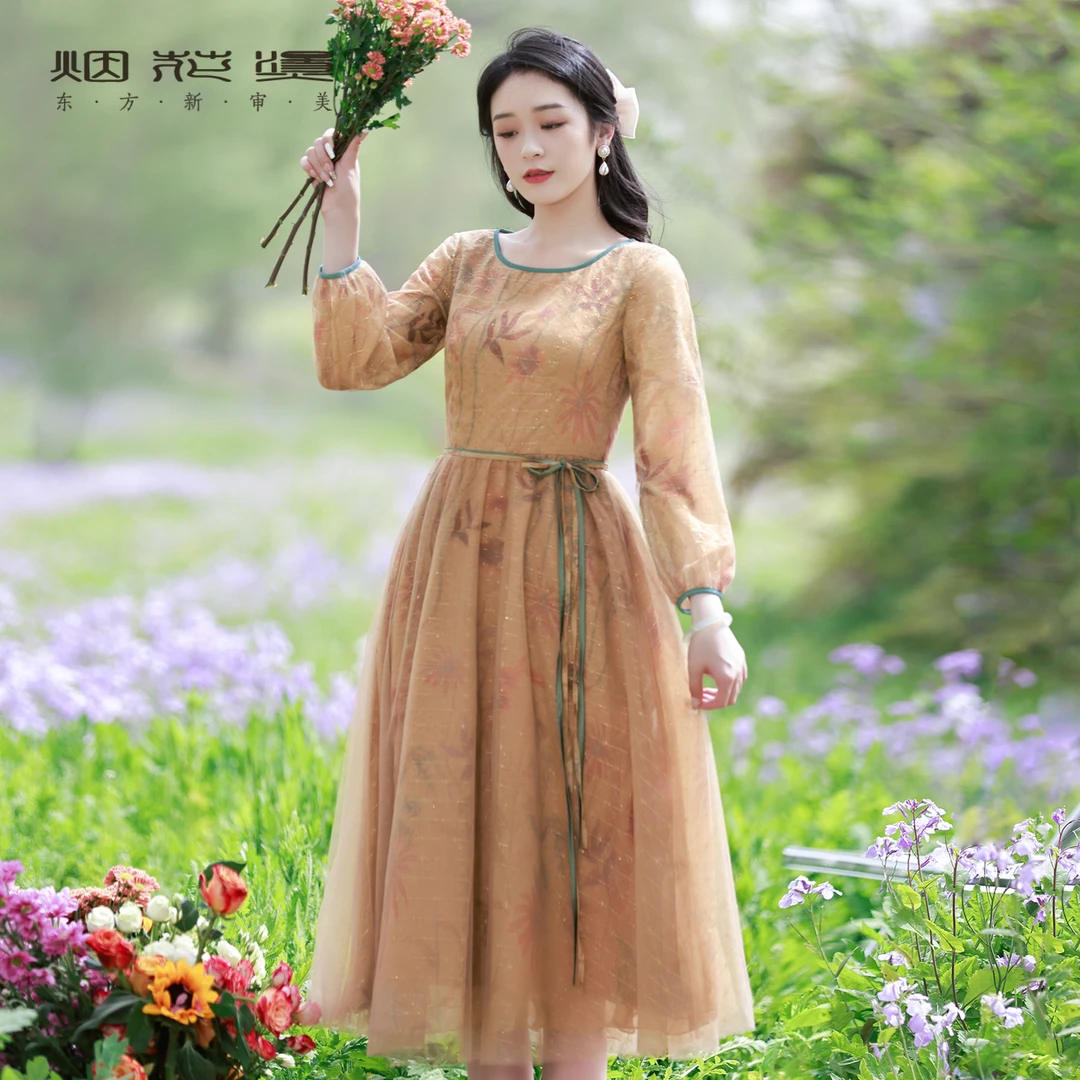 复古撞色连衣裙 2024秋季新款印花气质仙气中国风优雅大摆裙 花暗