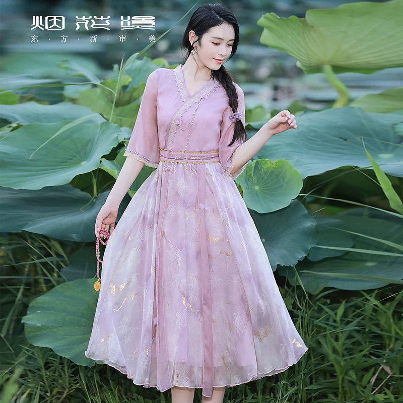 烟花烫复古国风改良汉服女 2025春季新款新中式文艺连衣裙子 墨夏