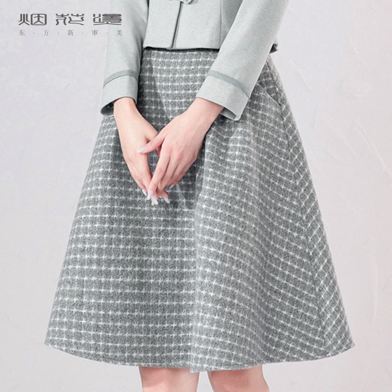 毛呢格纹半身裙 2023秋冬新品气质百搭千鸟格小个子A摆裙 水琴