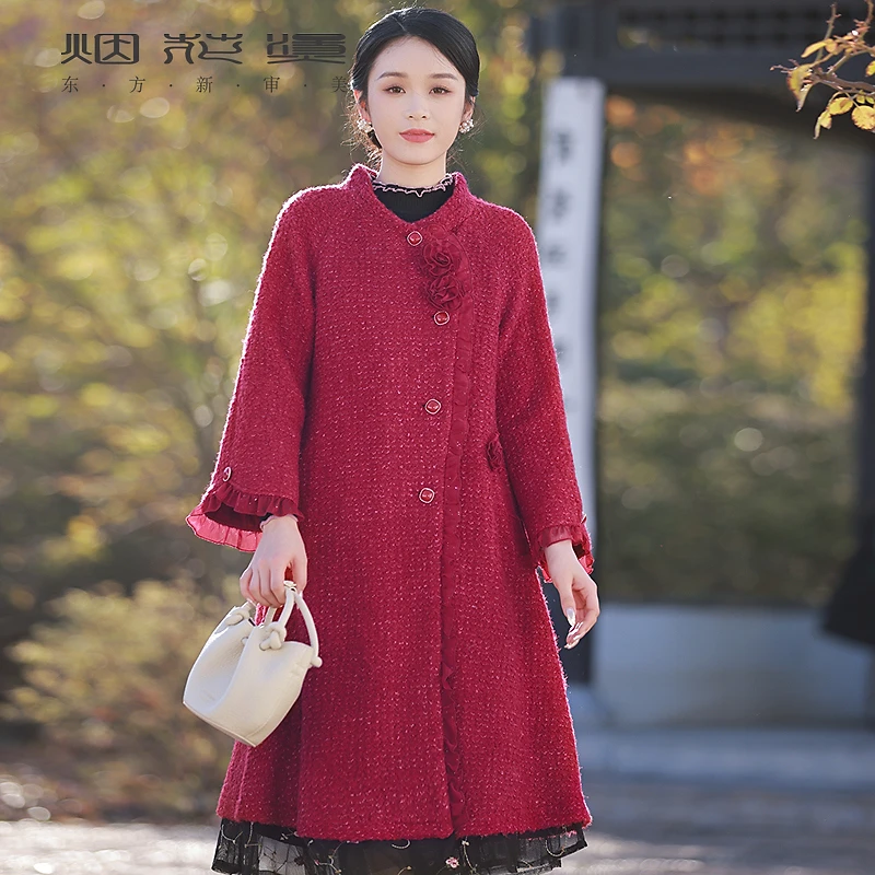 烟花烫国风红色毛呢大衣女2024冬季新款新中式气质百搭外套  茶暖