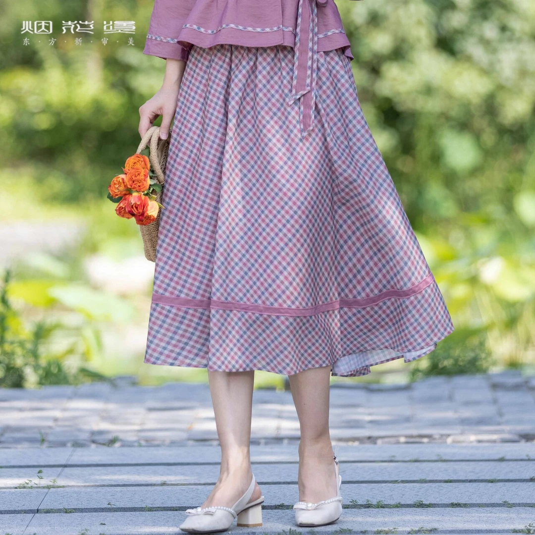 烟花烫百搭半身裙 新中式复古民国风百搭格子裙时尚A字裙子  叶一
