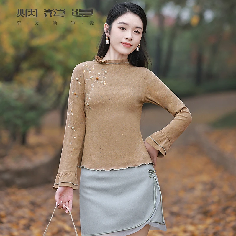 烟花烫复古长袖t恤 2025秋季新款新中式美拉德修身气质上衣  岑瑶