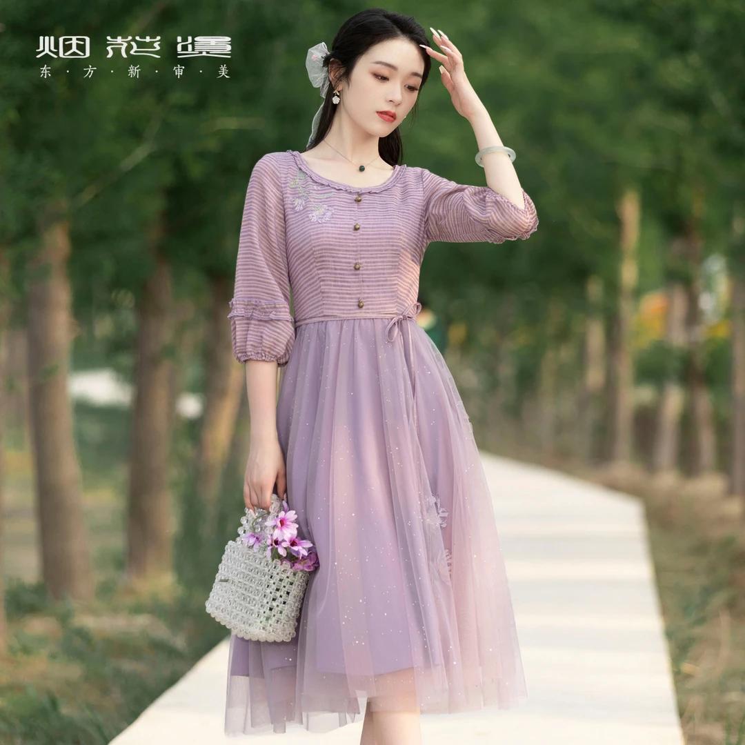 烟花烫国风连衣裙 2024夏季新款气质时尚绣花收腰仙气大摆裙 星屹