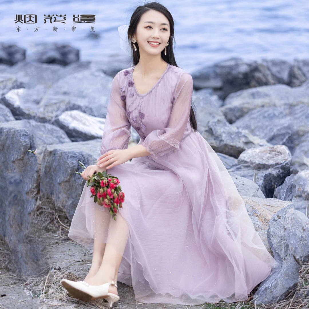 新中式仙女裙 2023秋季新款绣花收腰仙气中国风日常连衣裙 听雅