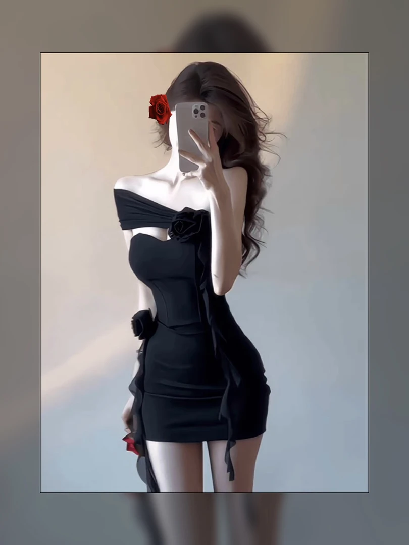 新款抹胸不规则玫瑰飘带包臀裙