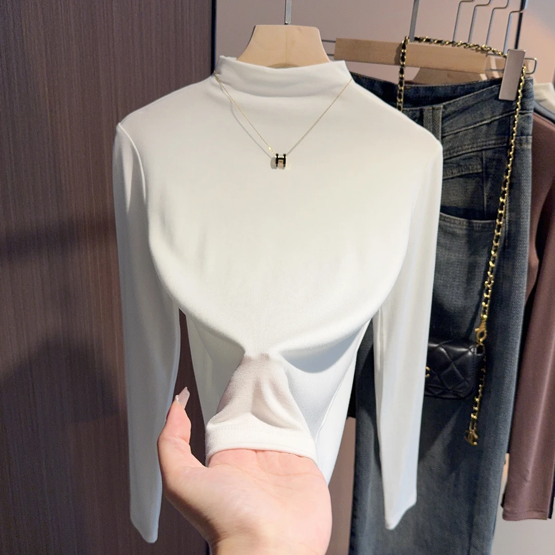 别致百搭半高领打底衫女2024新款春秋冬内搭螺纹修身显瘦长袖上衣