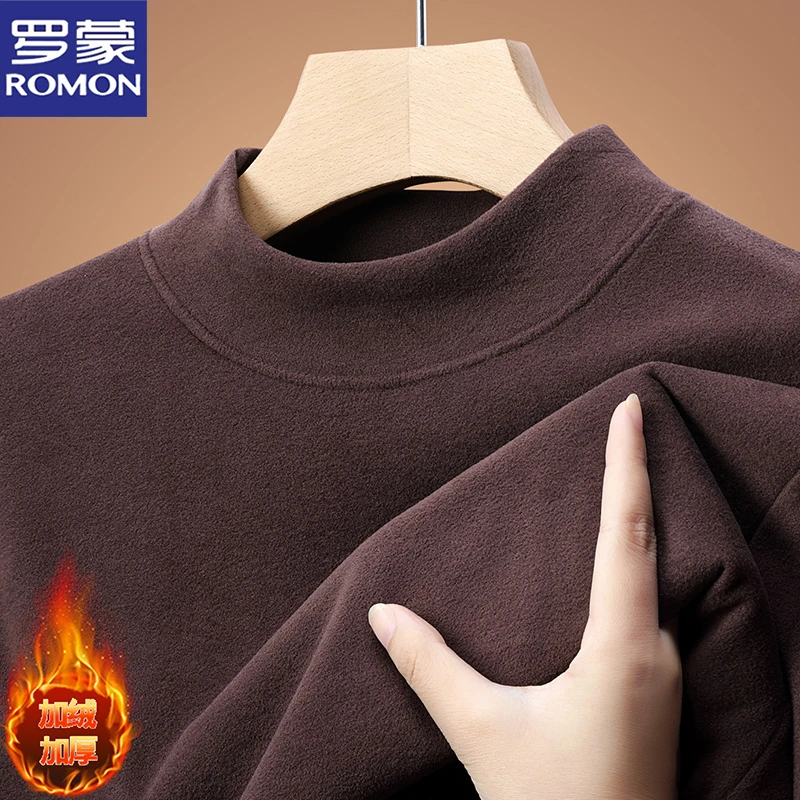 罗蒙双面德绒保暖卫衣男士冬季半高领加厚纯色体恤时尚百搭打底衫