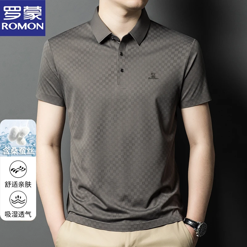 罗蒙高端含桑蚕丝短袖t恤男士夏季冰丝薄款中老年爸爸休闲Polo衫