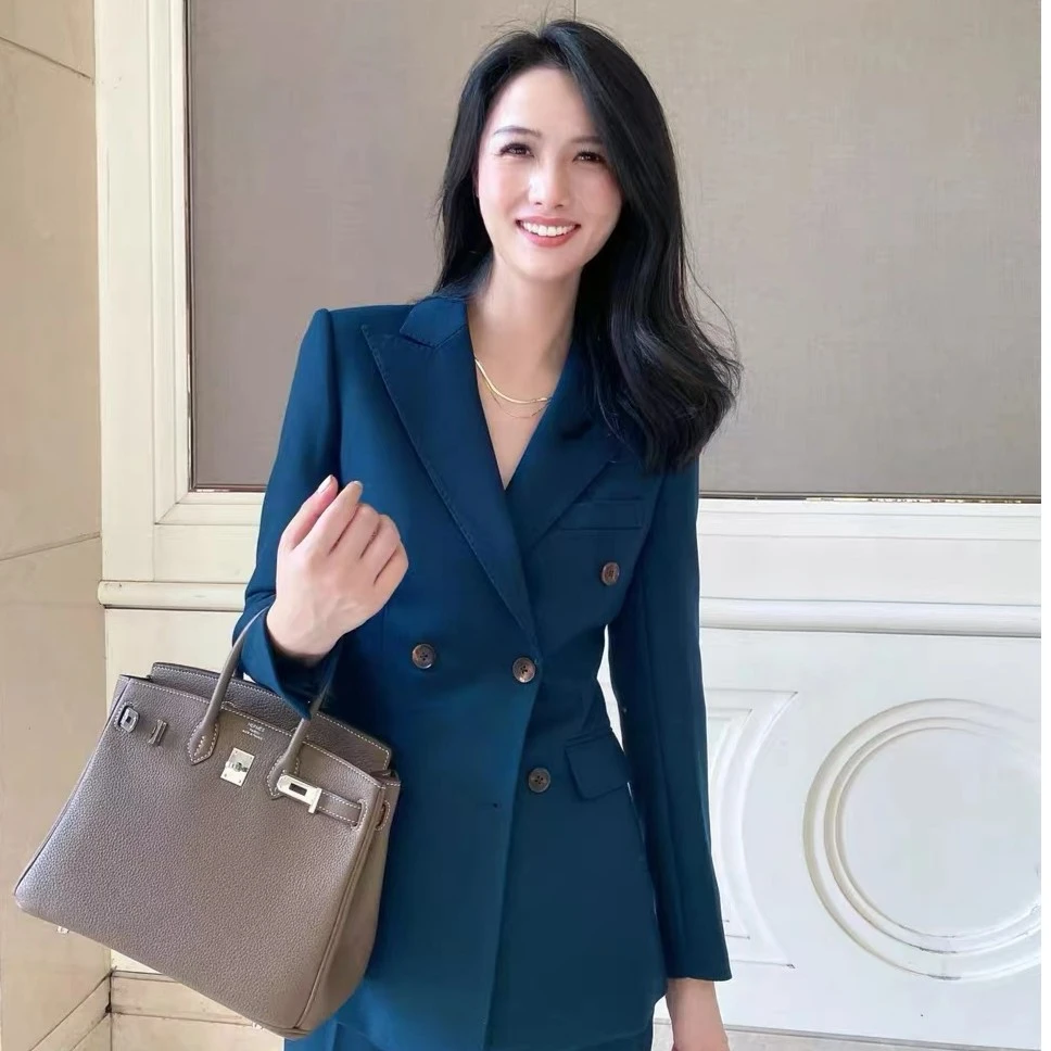 新款加厚墨绿色人字纹西装套装气质女士职业西服外套九分小脚裤
