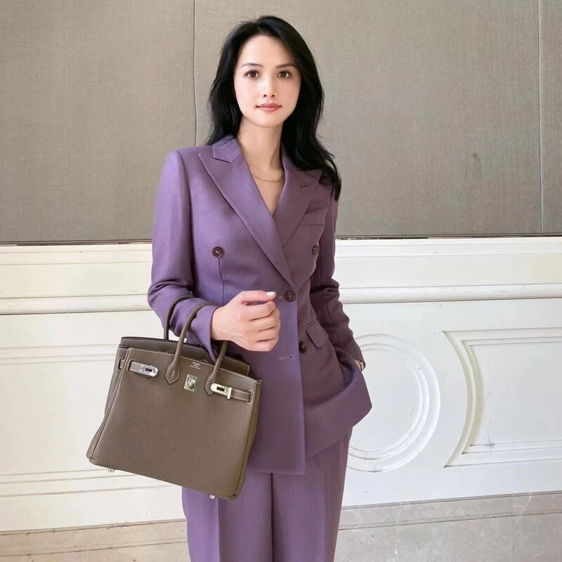 香芋紫加厚羊毛双排扣西装套装直筒裤
