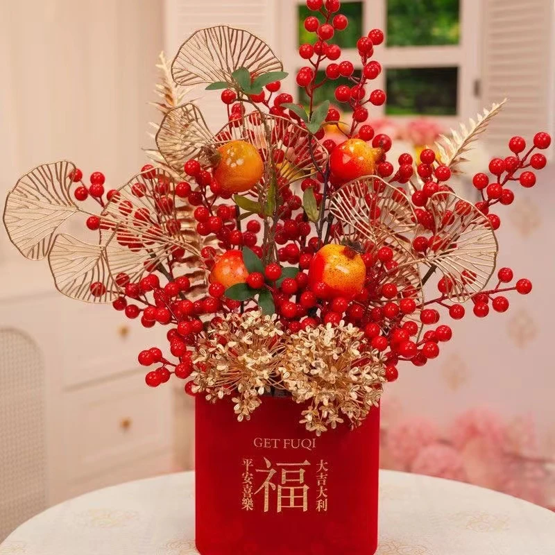 【超大号】新款福桶摆件工艺品高档仿真花红果玄关客厅卧室装饰喜庆