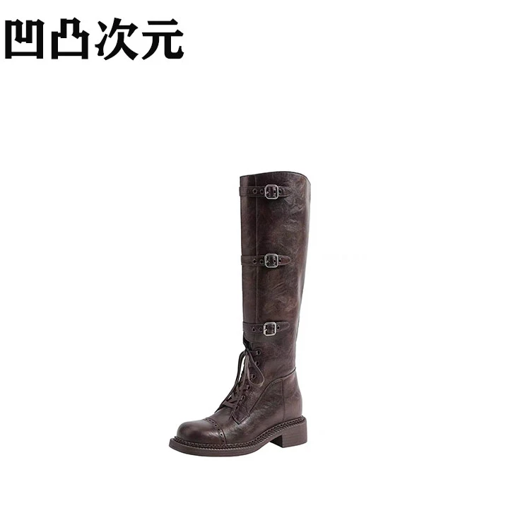 miu家新款时装靴复古皮带扣长筒靴子真皮高筒骑士靴女西部牛仔靴