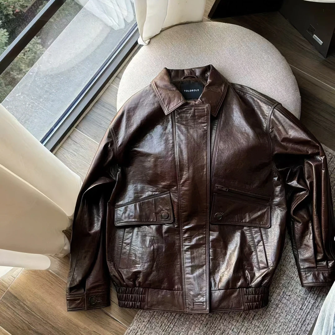 【塔鹿蕾】小众设计师韩版宽松休闲港风机车夹克牛皮上衣外套4053