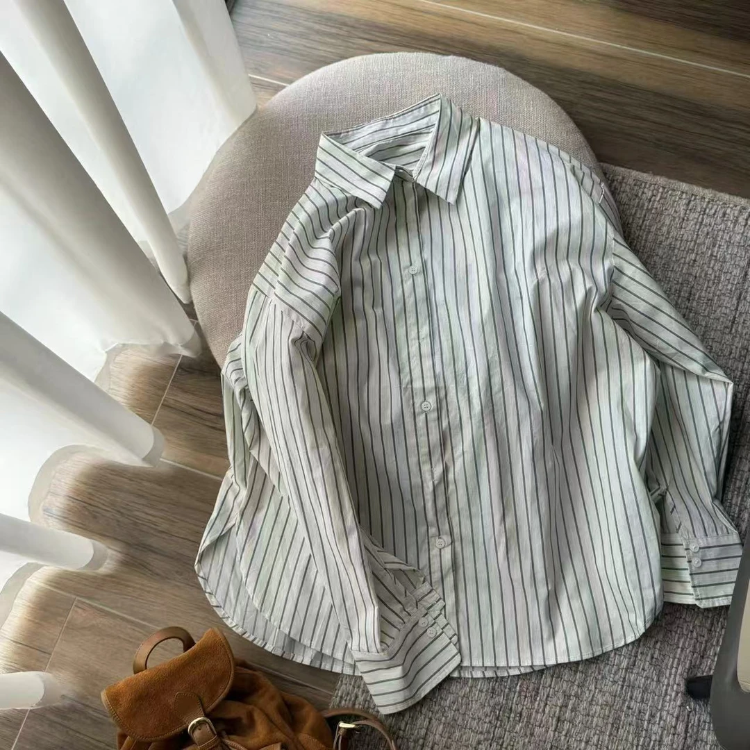 【塔鹿蕾】设计师新款浅色条纹长袖衬衫薄款宽松上衣外套8607