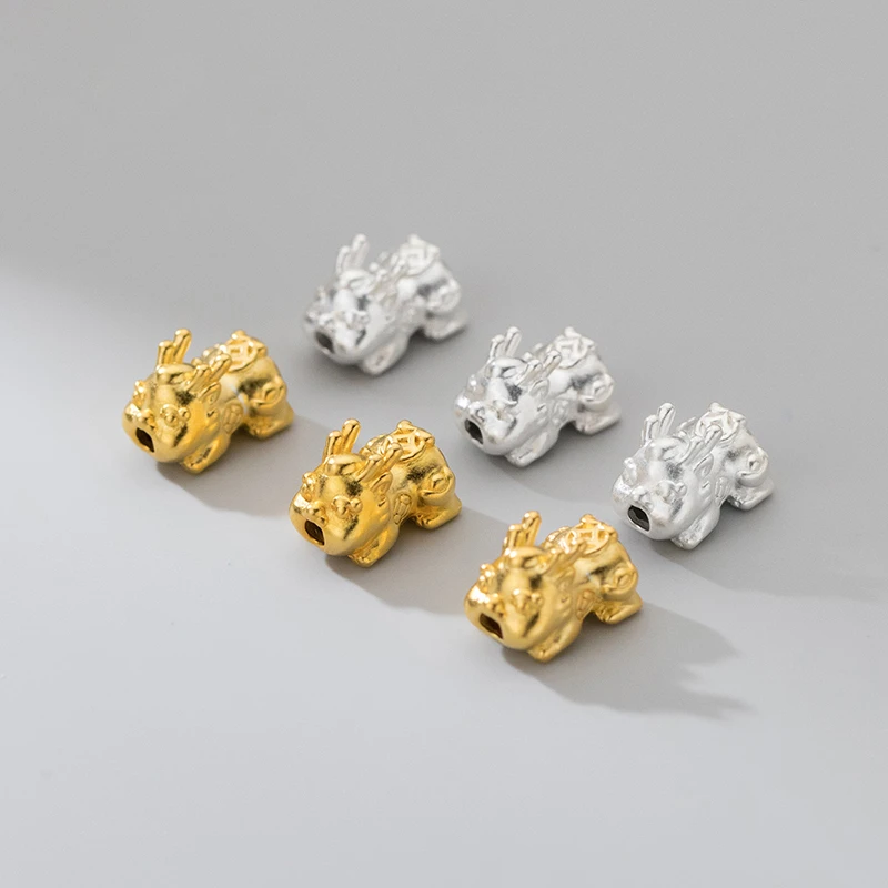 足银银制品 3D硬银通孔貔貅手串配珠手工diy编织饰品配件简约时尚