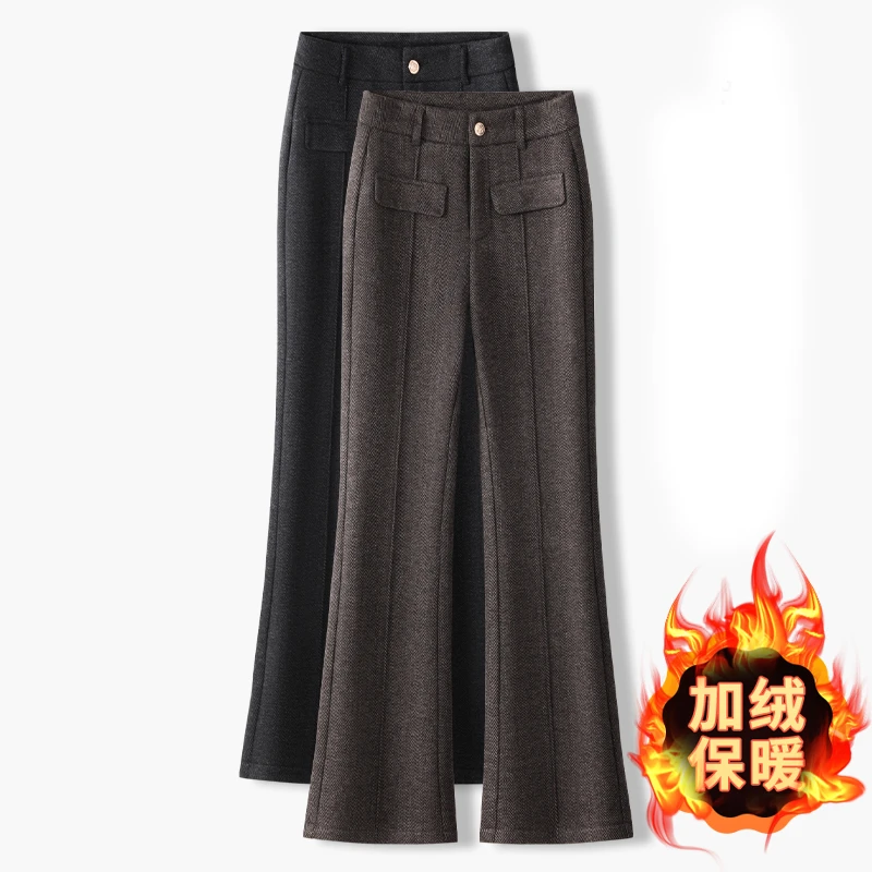 新款毛呢微喇裤[含绵羊毛]冬季新款高腰显瘦休闲百搭人字纹微喇裤