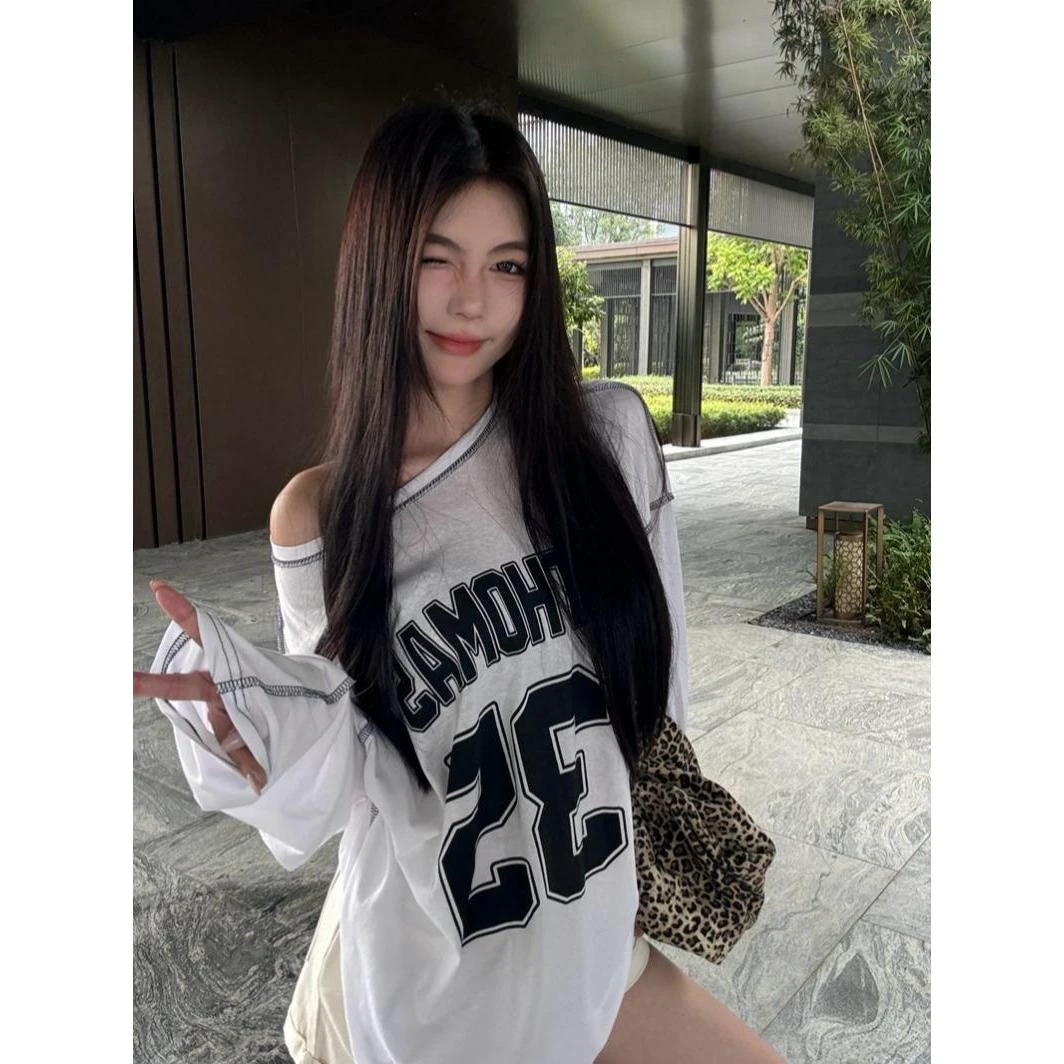 慵懒风美式复古字母印花休闲宽松长袖T恤女早秋季一字肩防晒上衣