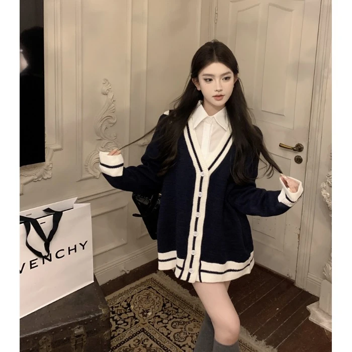 复古撞色v领长袖毛衣外套女秋冬季学院风宽松针织开衫衬衫套装女