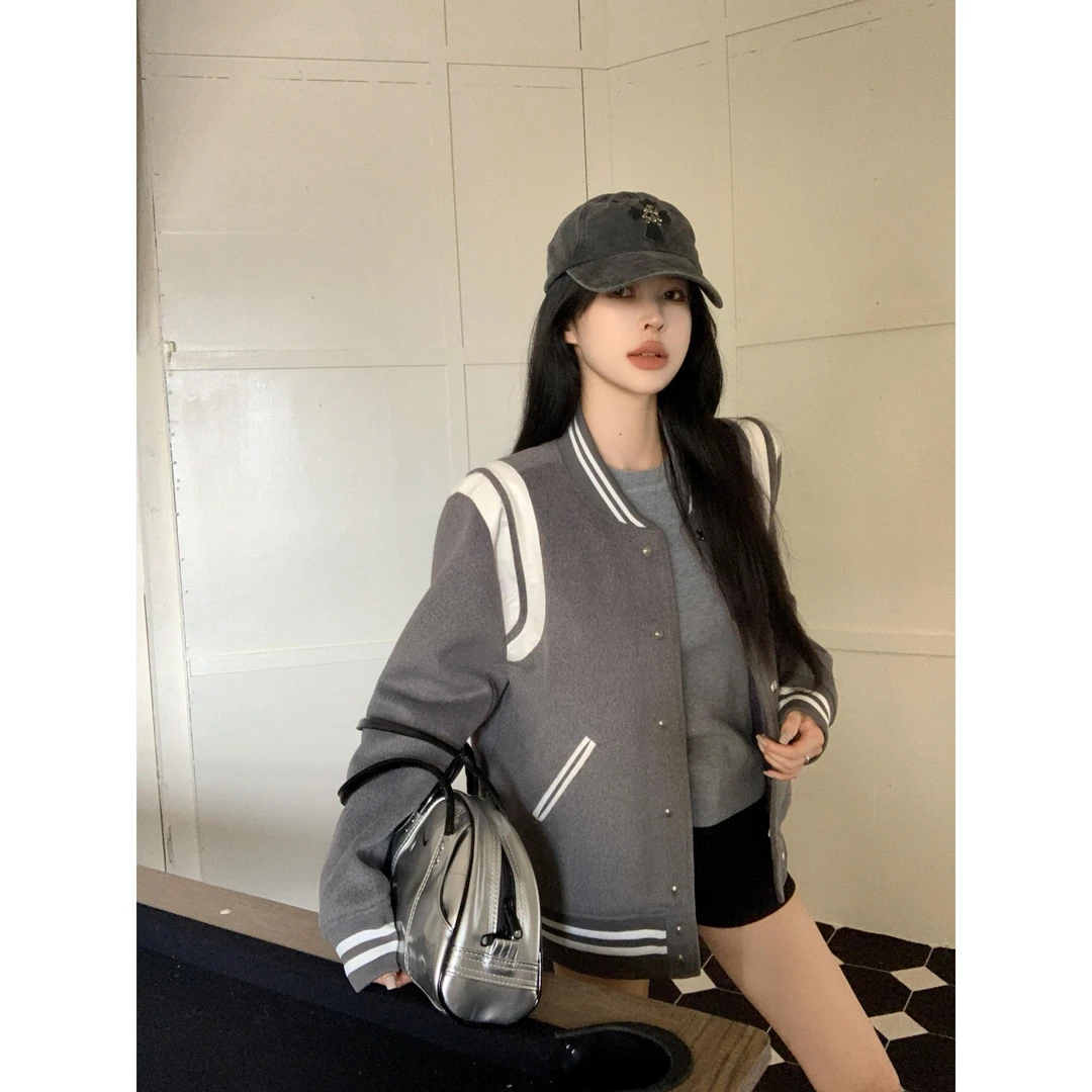 美式复古撞色棒球服外套女秋季新款慵懒风设计感小众宽松长袖上衣