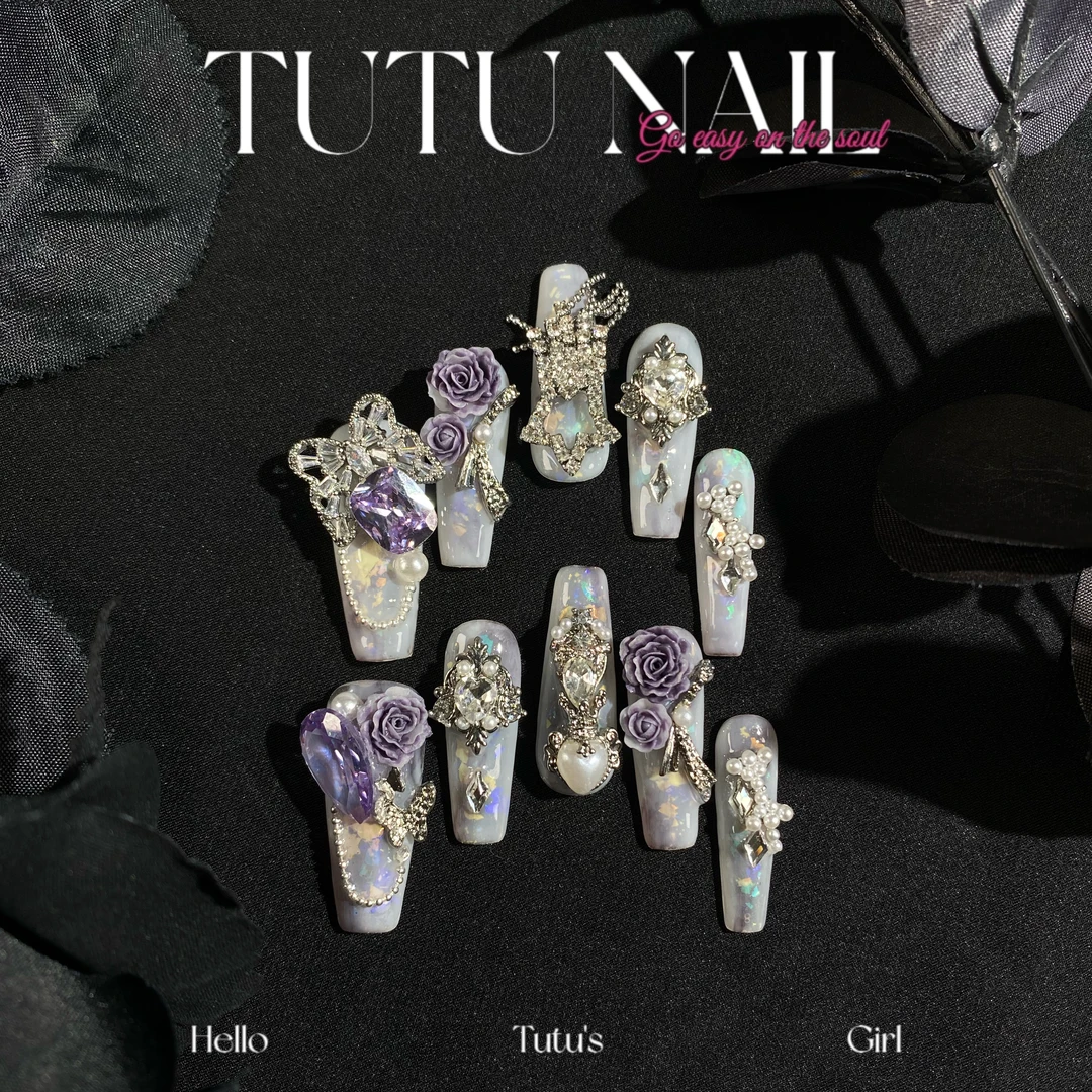 【凌肖】TUTU NAIL手工穿戴美甲重复使用重工亚当长T尖白紫蝴蝶雕花
