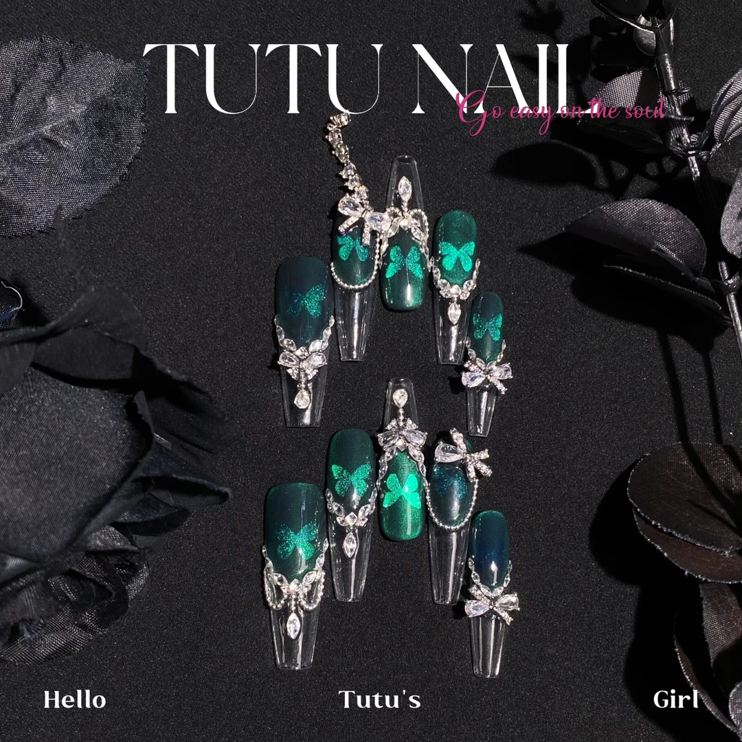 【幻蝶】TUTU NAIL手工穿戴甲可拆卸美甲重工甜酷法式猫眼蓝绿蝴蝶