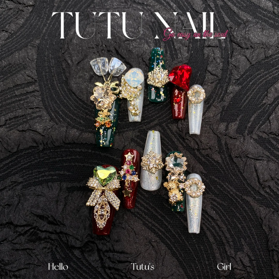 【诞生】TUTU NAIL手工穿戴甲可拆卸美甲重工返潮复古圣诞长T甲红绿