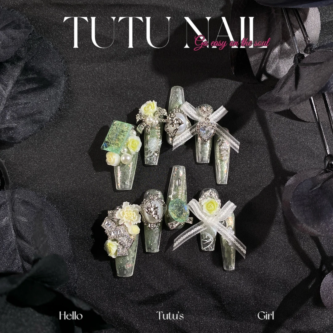 【茉莉青提】TUTU NAIL手工穿戴美甲返潮复古重工高级感T尖绿花春夏