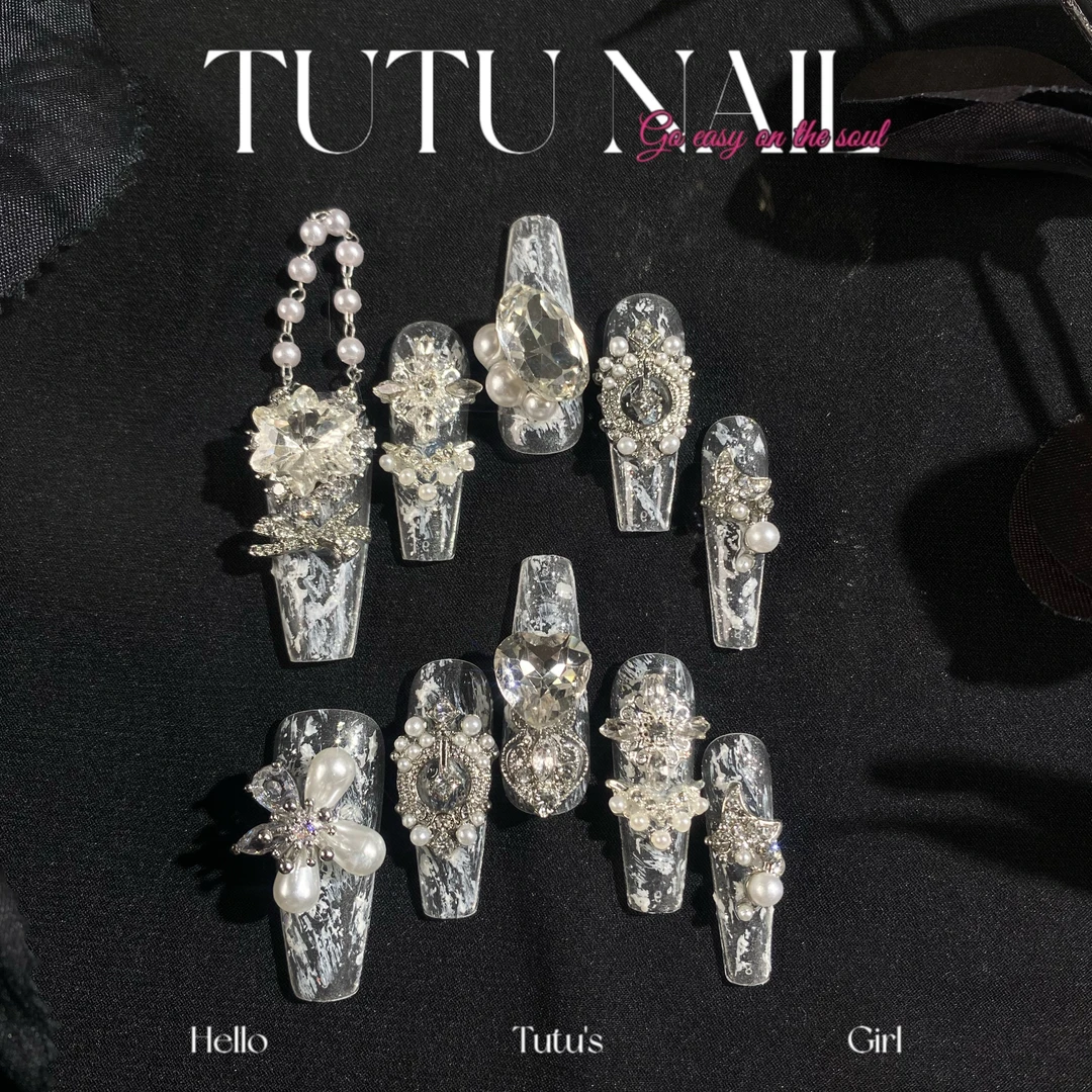 【莫弈】TUTU NAIL手工穿戴甲可拆卸美甲重工长T尖白链条乙游二次元