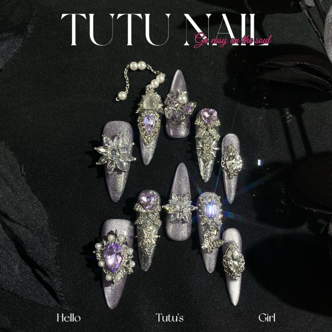 【祁煜】TUTU NAIL手工穿戴甲可拆卸美甲重工长T尖紫猫眼银链条乙游