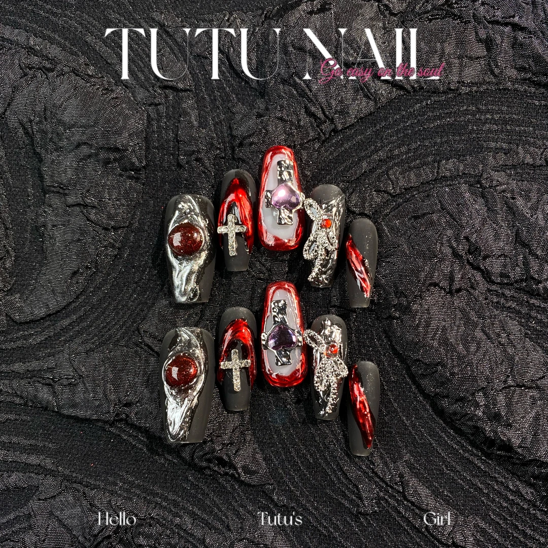 【歌德的面具】TUTU NAIL手工穿戴可拆卸甲重工中长T红黑哥新年
