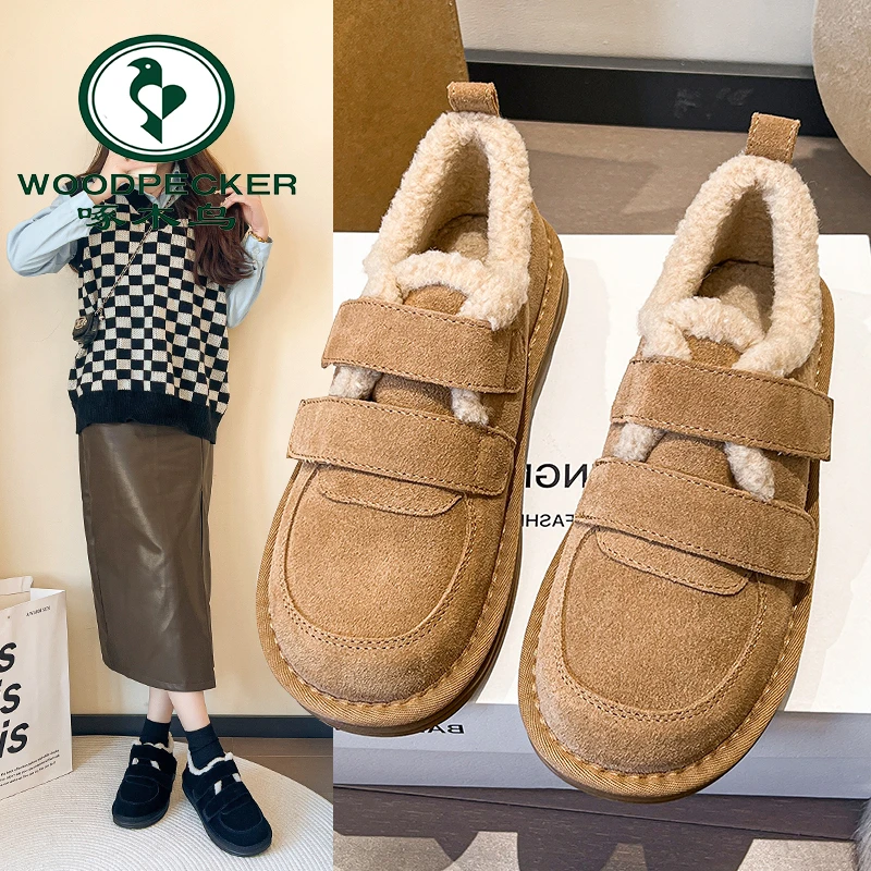 啄木鸟加绒雪地靴女2024冬季新款平底魔术贴休闲鞋加厚保暖棉鞋女