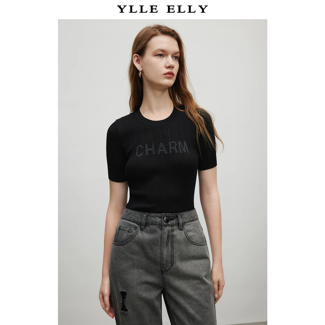 【珊珊专属】百搭纯色针织衫女夏季提花设计感修身短袖Y733101550