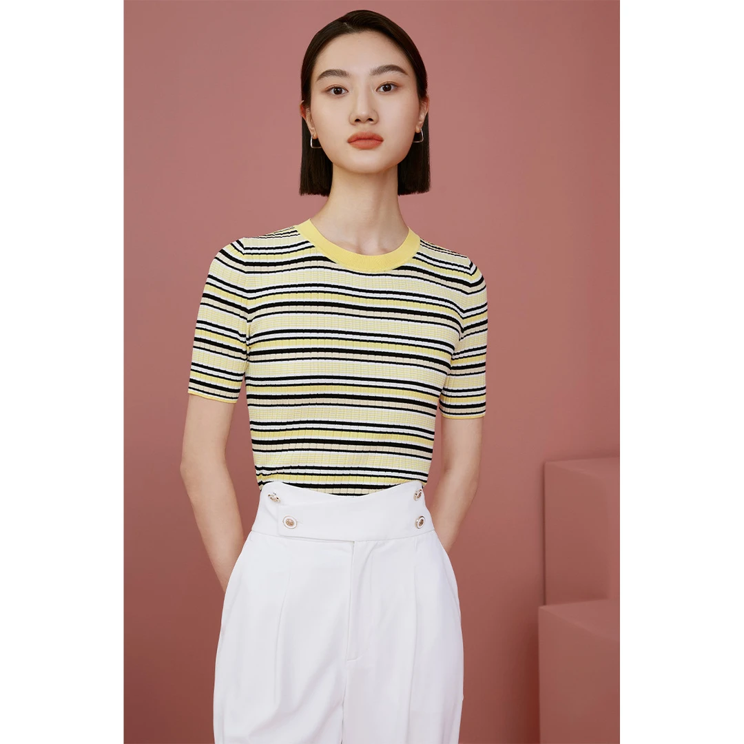 【诗语专属】亲肤多色条纹针织衫春季早春设计感短袖时尚打底衫