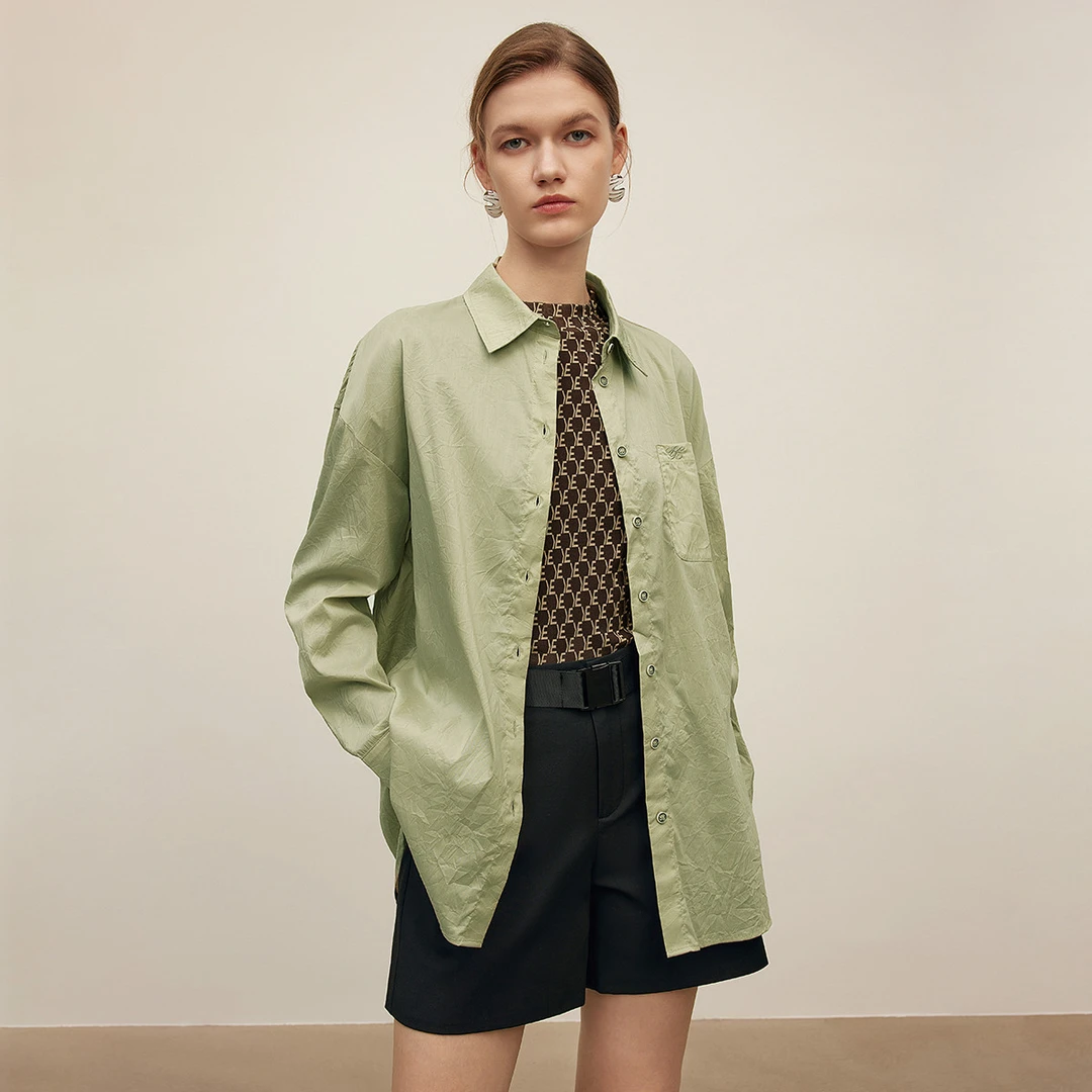 亲肤舒适含棉衬衫女秋季翻领遮肉百搭纯色气质衬衣Y330381