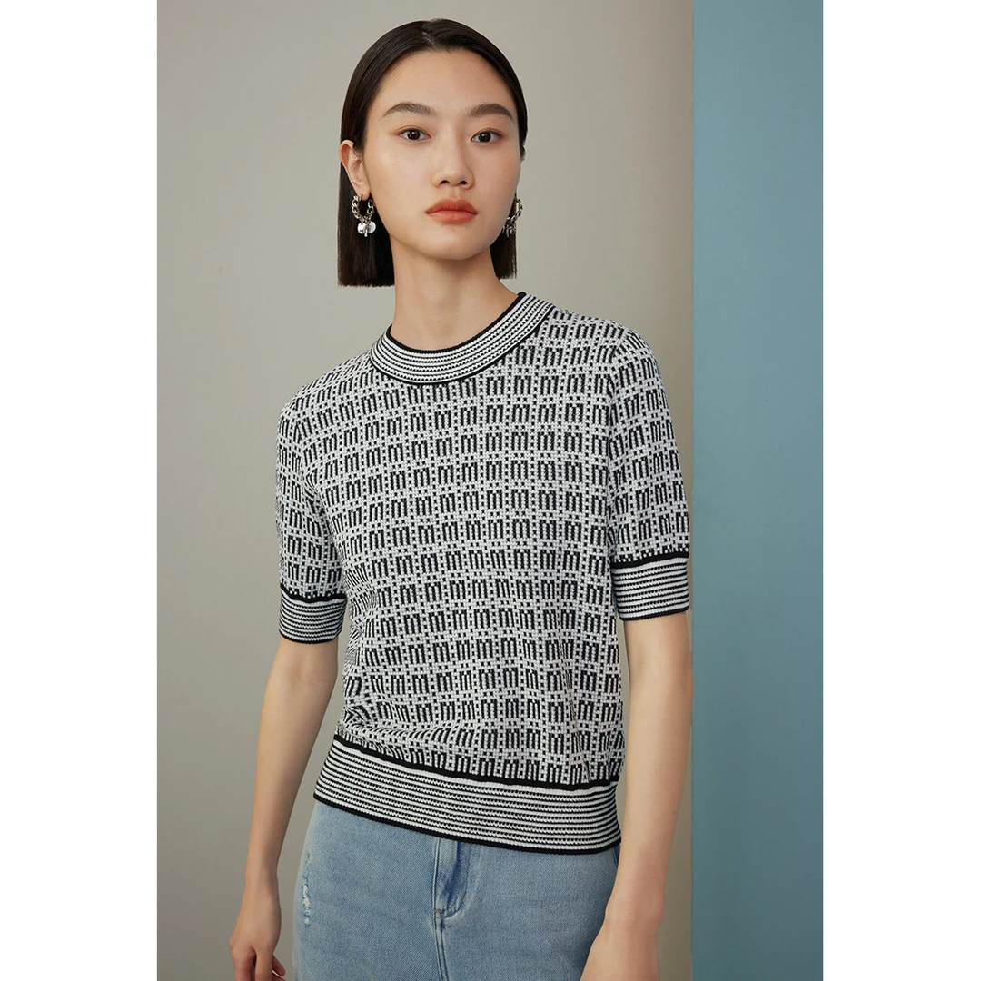 【诗语专属】时尚撞色提花针织衫春季法式复古简约柔软亲肤短袖