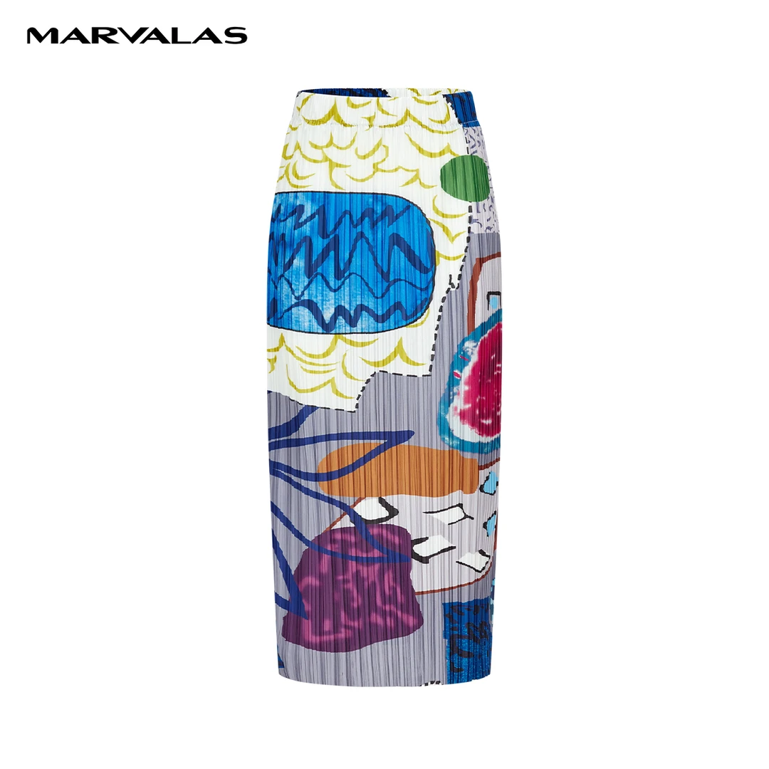 【专柜同款】M207304741曼德诗抽象印花半身裙中长款花色百褶裙