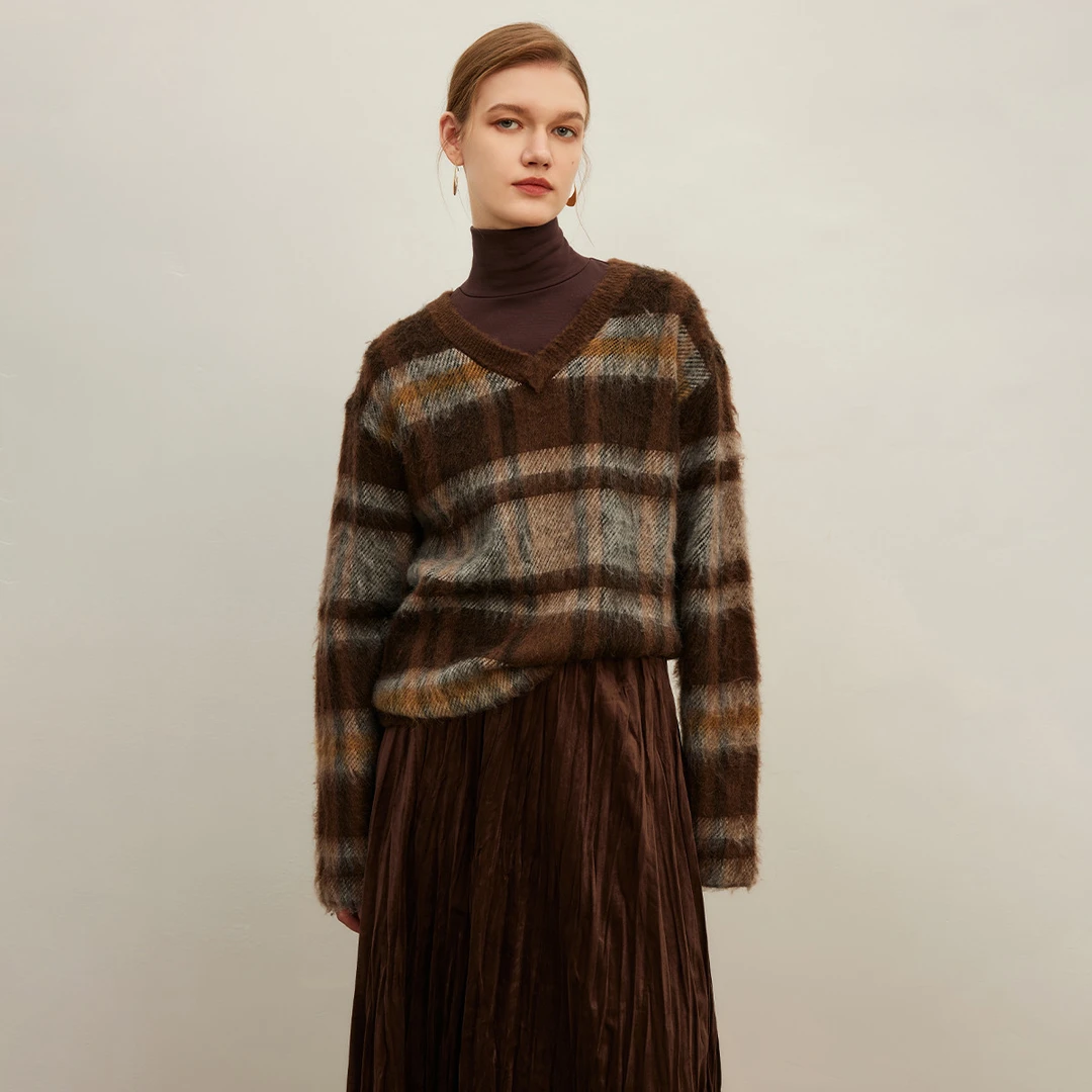 时尚V领针织衫女秋季复古美拉德撞色条纹套头衫Y733302804