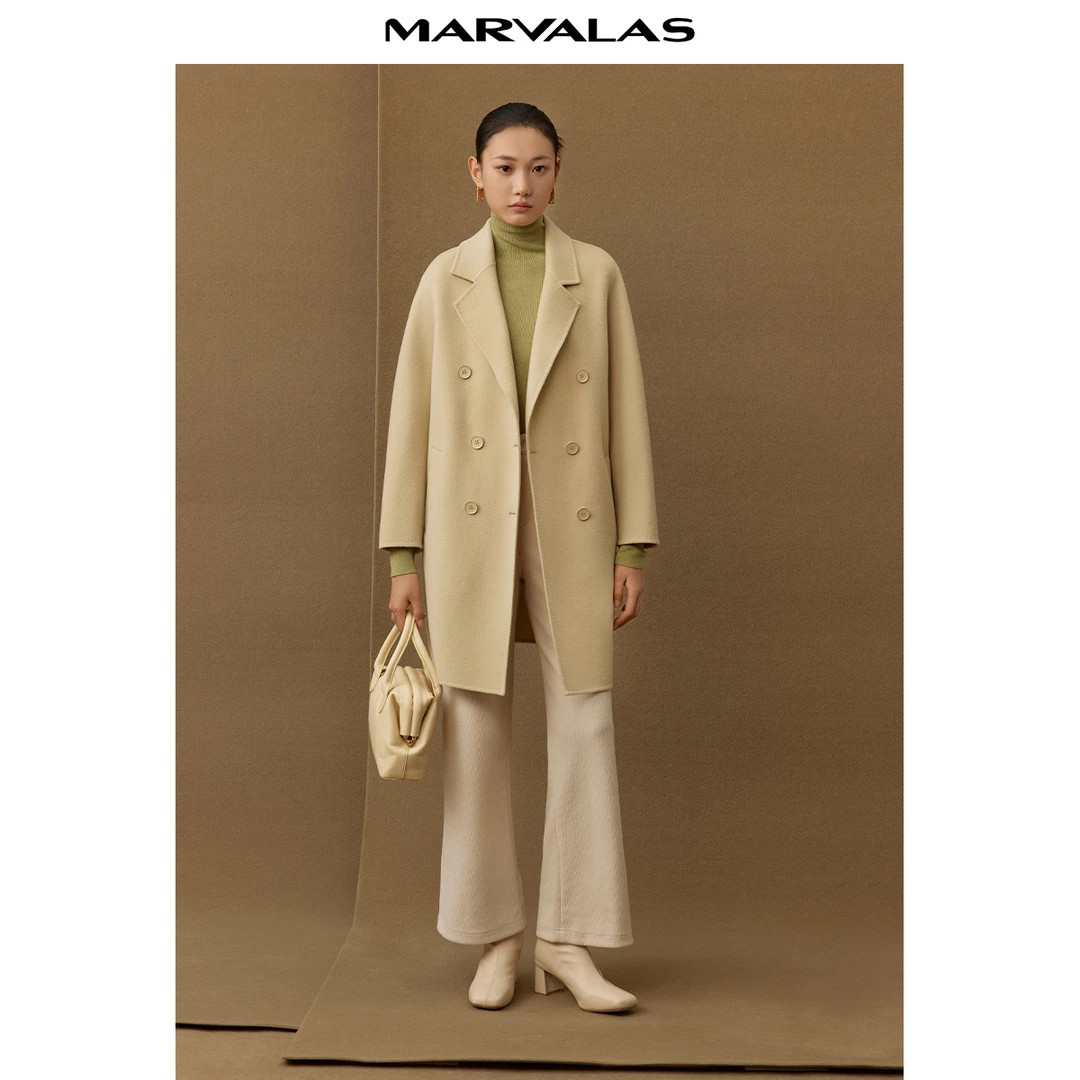 曼德诗中长款双面呢大衣秋冬纯色双排扣羊毛精纺外套M426302642