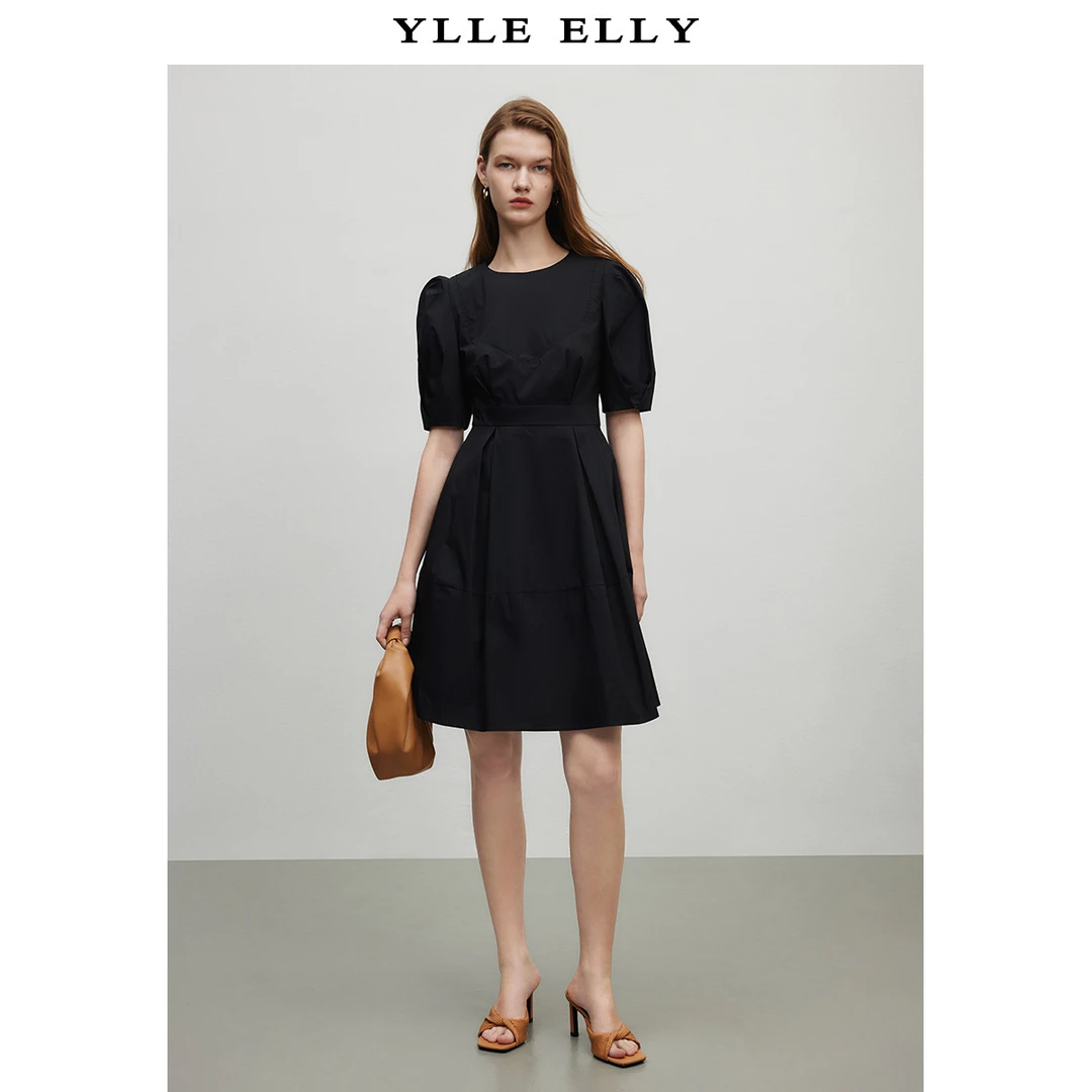 经典圆领连衣裙夏季纯色收腰显瘦泡泡袖中裙Y534101089