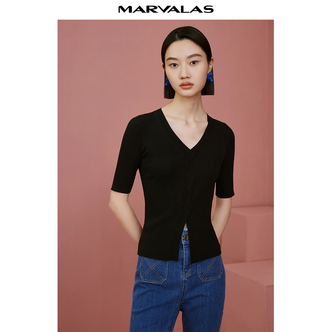 【诗语专属】Polo领棉质套头衫撞色提花设计感短袖针织衫M733100853