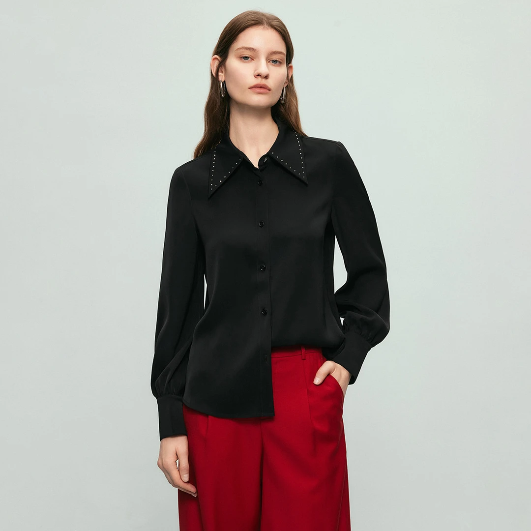 【小余专属】气质上衣女2024时髦烫钻设计百搭缎感长袖衬衣