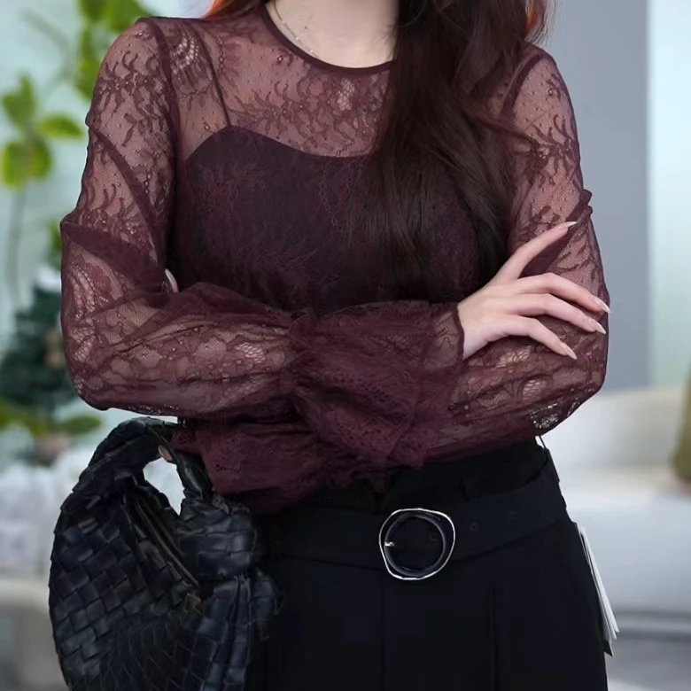 曼德诗洋气时尚百搭夏季镂空气质蕾丝女士长袖衬衫330721-81121