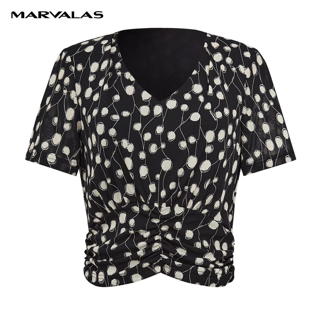 【专柜同款】M314103877曼德诗V领黑白雪纺衫短袖宽松小衫T恤女