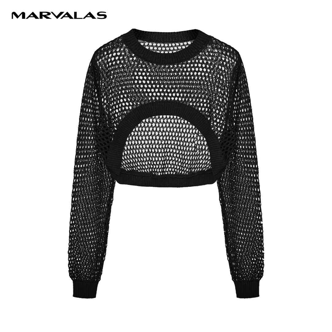 【专柜同款】M733304921曼德诗醋酸镂空针织T恤款短款棉质套头衫