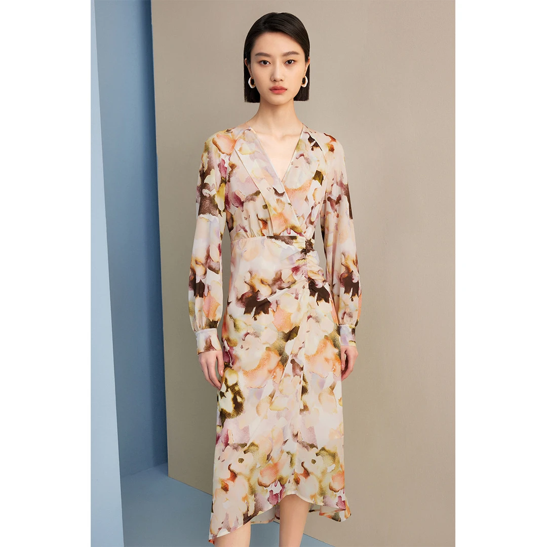 【九月专属】水墨韵印花连衣裙女高腰显瘦长袖V领茶歇裙