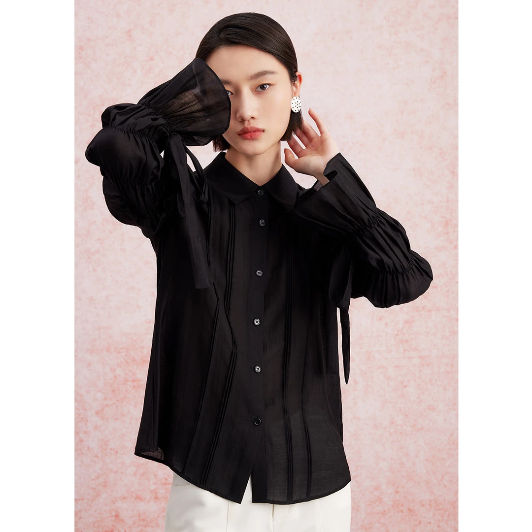 【小余专属】百搭泡泡袖衬衫春季优雅纯色气质早春收褶长袖小衫