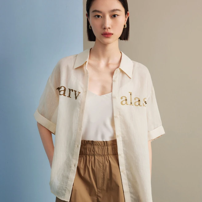 莱赛尔天丝亚麻衬衫女夏季字母印花短袖宽松休闲衬衣M311101140